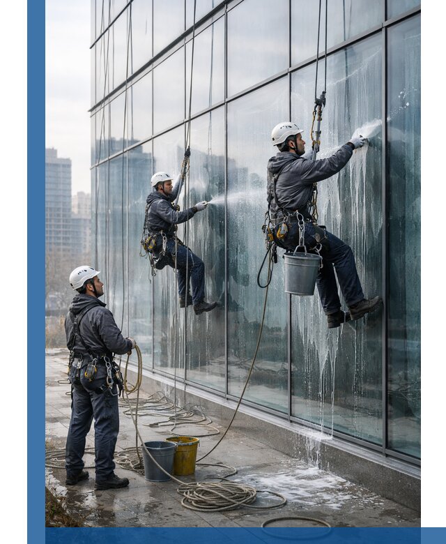 Промышленная мойка панорамных окон на высоте в Мысках