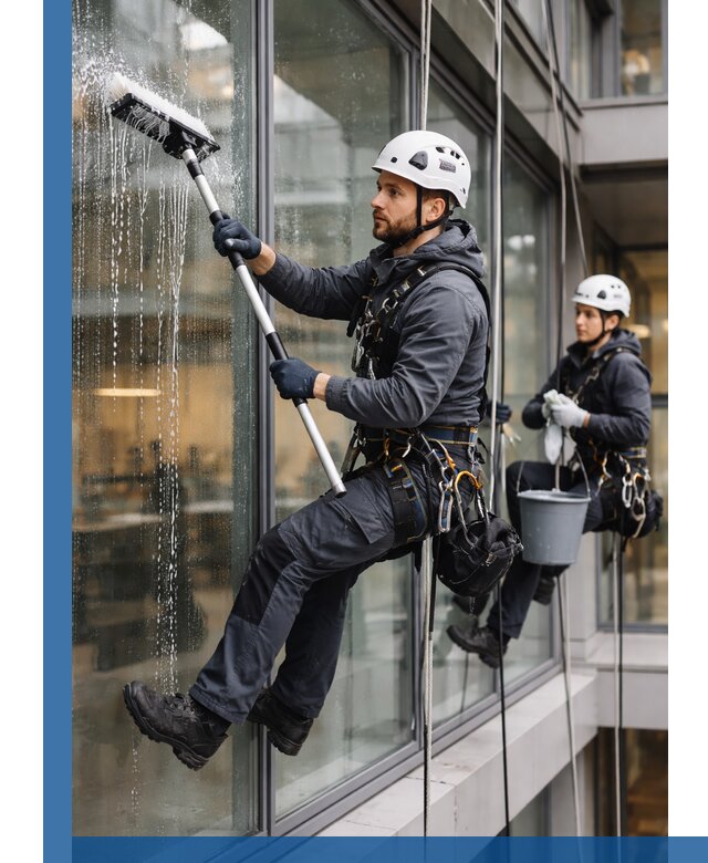 Профессиональная мойка витражей промышленными альпинистами в Мысках