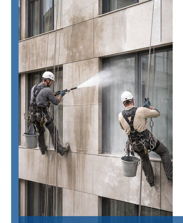 Послестроительная мойка фасада промышленным альпинизмом в Мысках