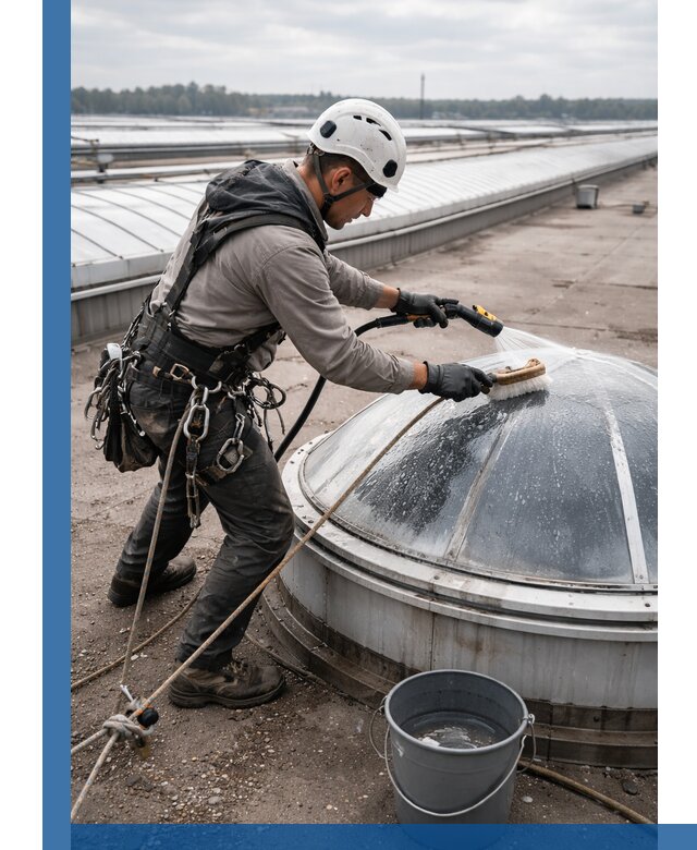 Мойка зенитных фонарей на кровле для промышленных объектов в Мысках