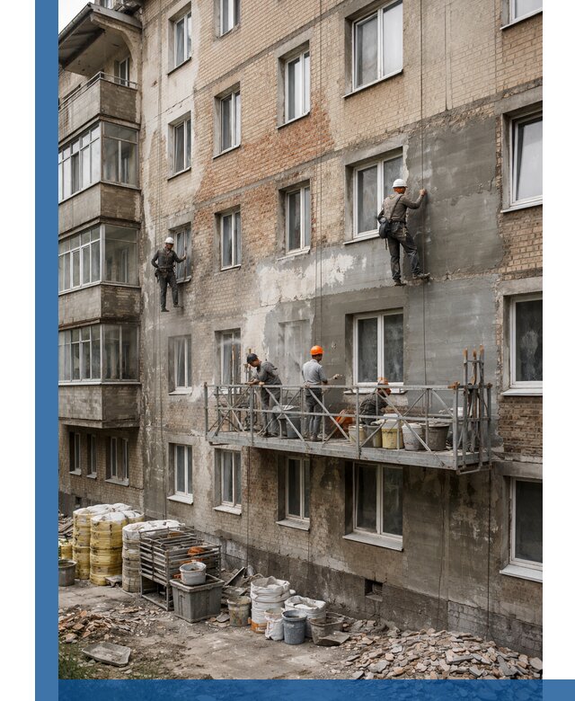 Капитальный ремонт фасада в Мысках с восстановлением и гидроизоляцией