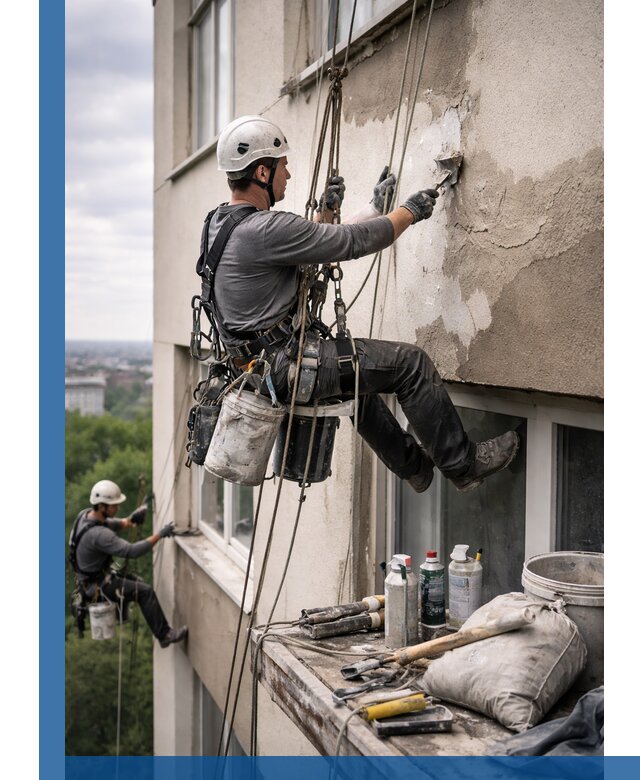 Косметический ремонт фасада зданий в Мысках промышленными альпинистами