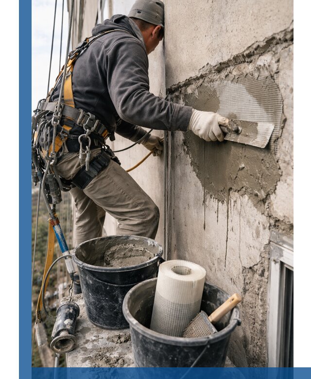 Ремонт бетонных элементов фасада промышленными альпинистами в Мысках