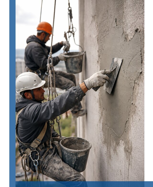 Штукатурка фасада на высоте в Мысках профессиональные работы