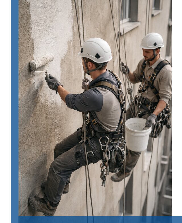 Грунтовка фасада на высоте в Мысках промышленными альпинистами