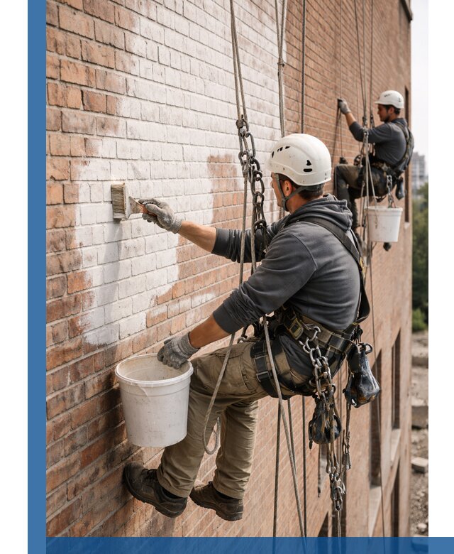 Покраска кирпичного фасада с доступным альпинистским сервисом в Мысках