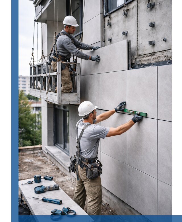 Монтаж керамогранита на фасад в Мысках под ключ с гарантией качества