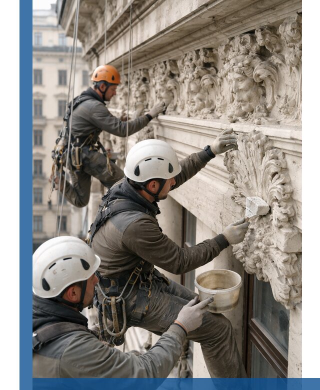 Реставрация фасадной лепнины с высотными работами в Мысках