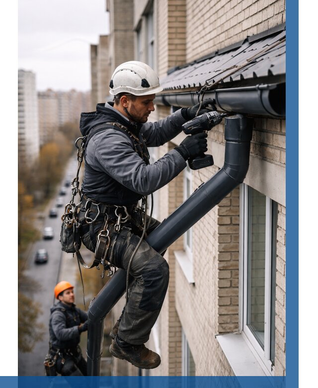 Монтаж водосточной системы на здании в Мысках от 5072 р. | ВЫСОТНИК-Мси