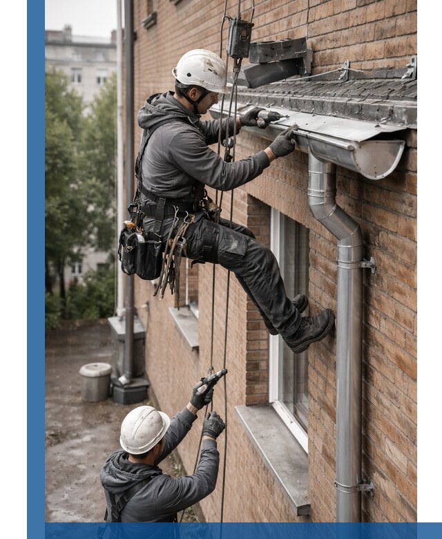 Монтаж водосточной системы на здании в Мысках под ключ