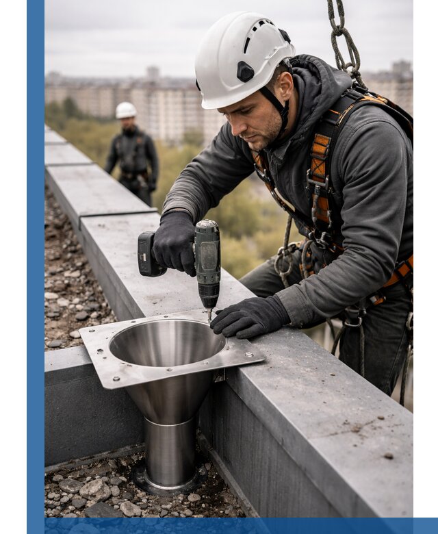 Монтаж водосточных воронок в Мысках для промышленных зданий