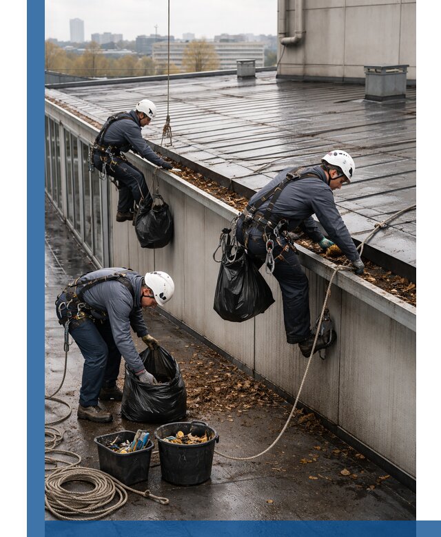 Очистка кровли по периметру в Мысках силами промышленных альпинистов