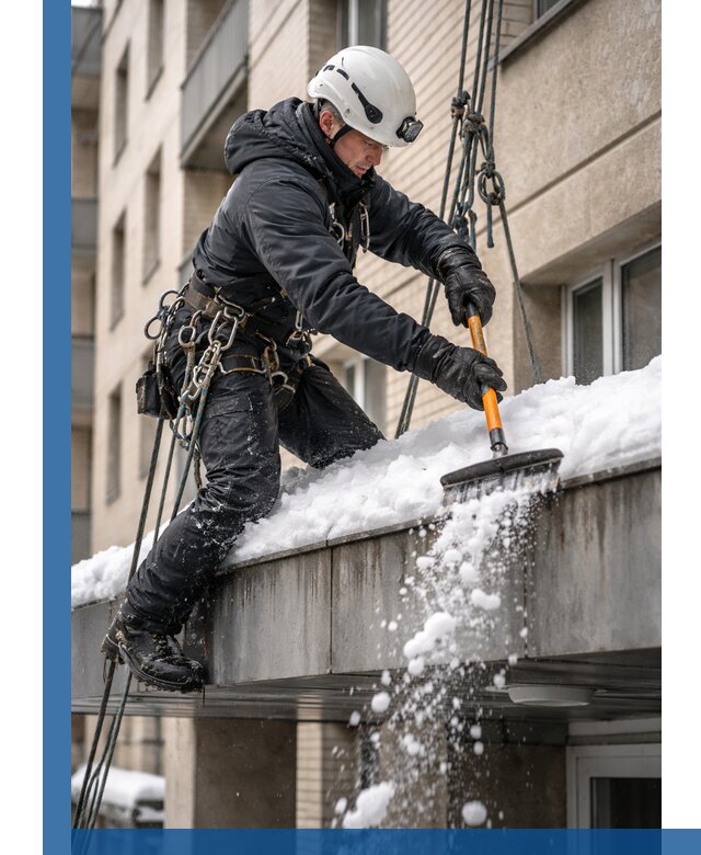 Очистка козырьков от снега в Мысках круглогодично безопасно