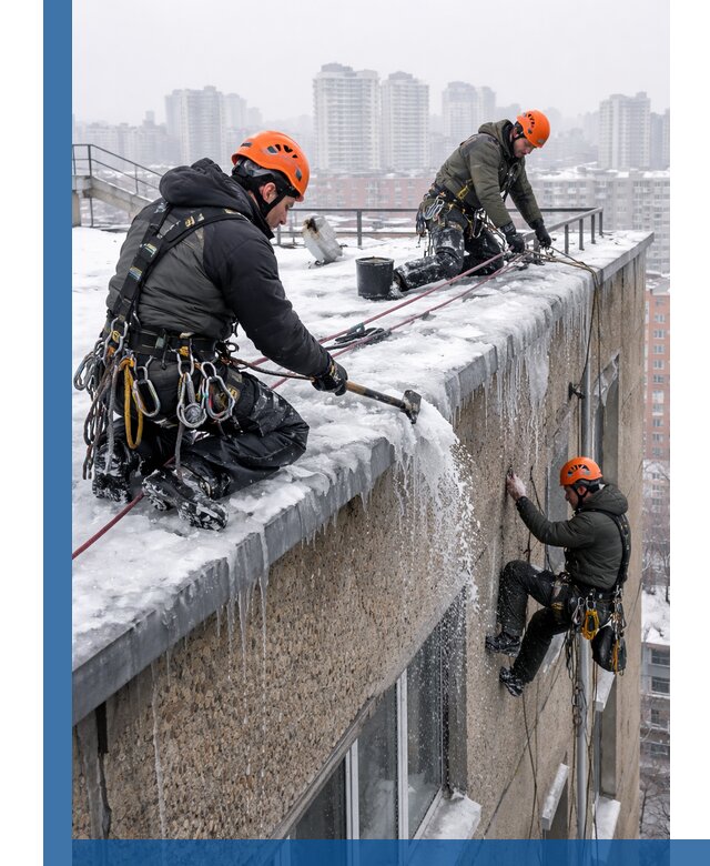 Удаление наледи с кровли в Мысках промышленными альпинистами