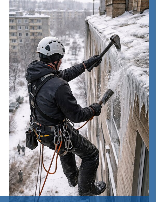 Сбивание сосулек с крыши в Мысках по цене от 4564 р. | ВЫСОТНИК-Мси