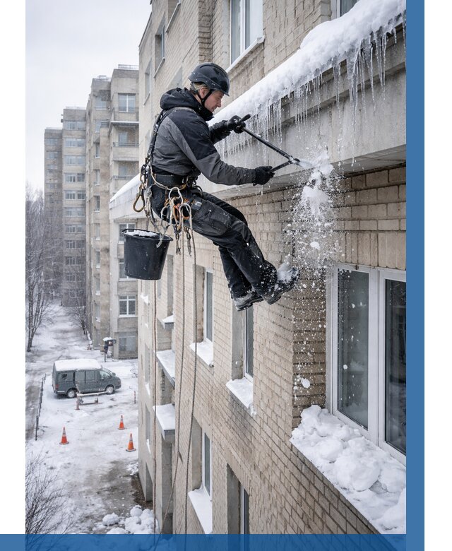 Удаление наледи с карнизов в Мысках от 355 р. | ВЫСОТНИК-Мси
