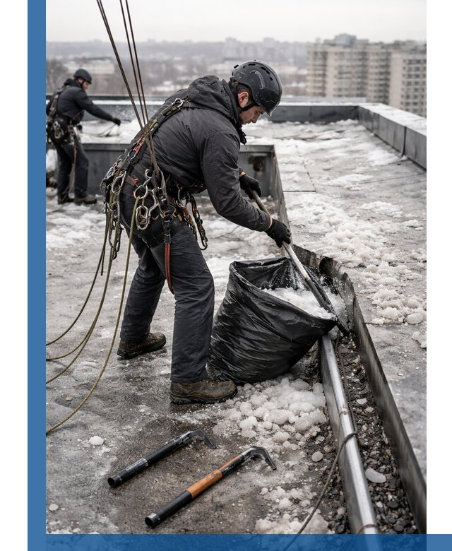 Аварийная очистка кровли в Мысках от промальпинистов