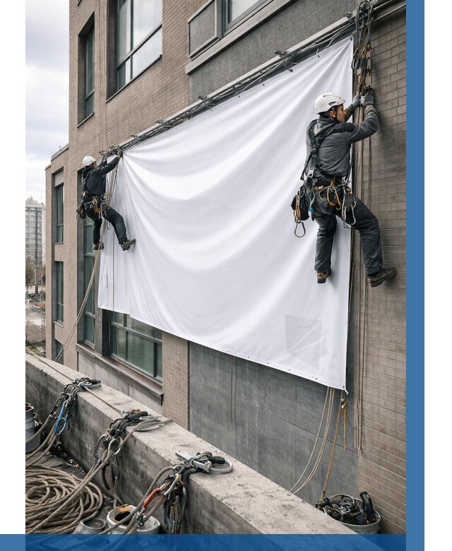 Монтаж баннеров на фасаде в Мысках от 659 р. заказать ВЫСОТНИК-Мси