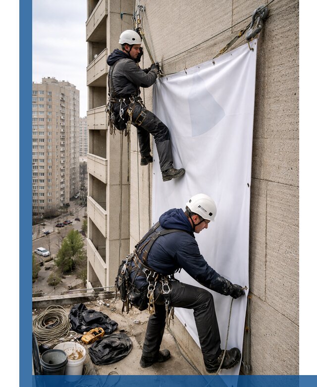 Профессиональный монтаж баннеров на фасаде в Мысках