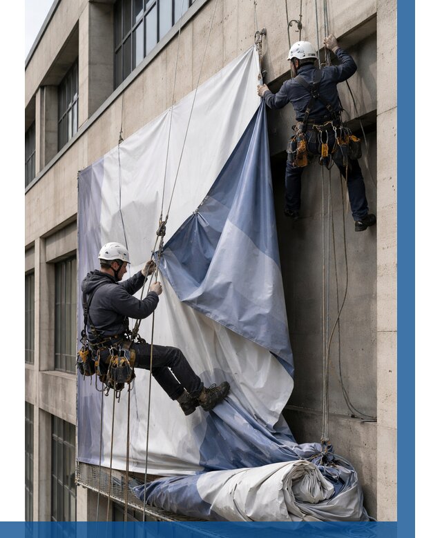 Демонтаж баннеров с фасада в Мысках от 4564 р. | ВЫСОТНИК-Мси