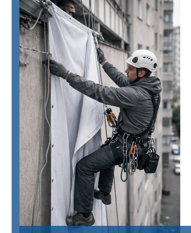 Замена баннерного полотна промышленными альпинистами в Мысках