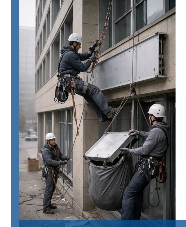 Демонтаж рекламной вывески с высотными работами в Мысках