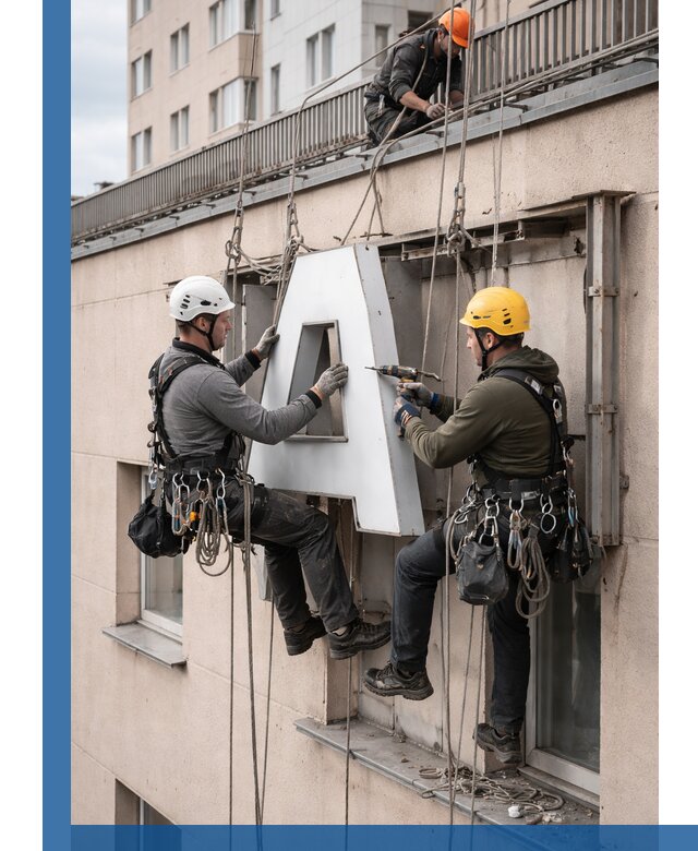 Ремонт и восстановление наружных вывесок на высоте в Мысках