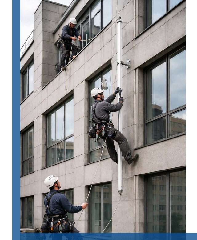 Монтаж флагштока на фасаде здания с креплением и герметикой в Мысках