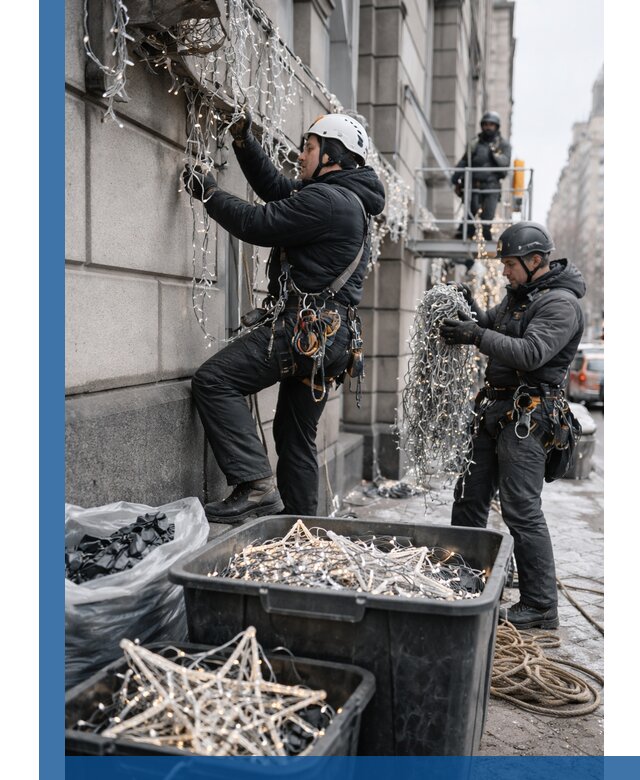 Демонтаж новогоднего оформления и гирлянд в Мысках