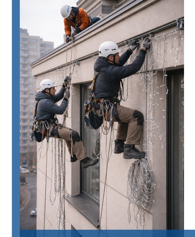 Монтаж праздничных гирлянд на фасаде в Мысках для зданий