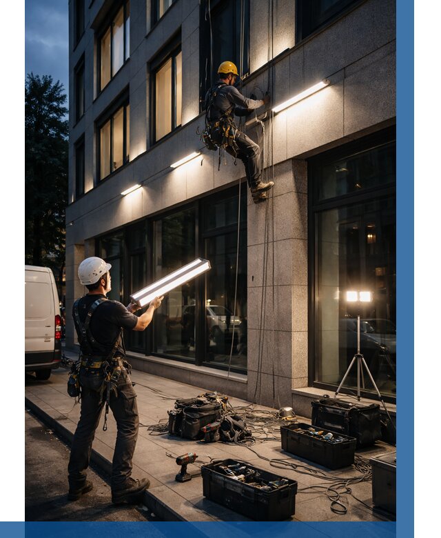 Монтаж архитектурной подсветки здания в Мысках от 2536 р.|ВЫСОТНИК-Мси