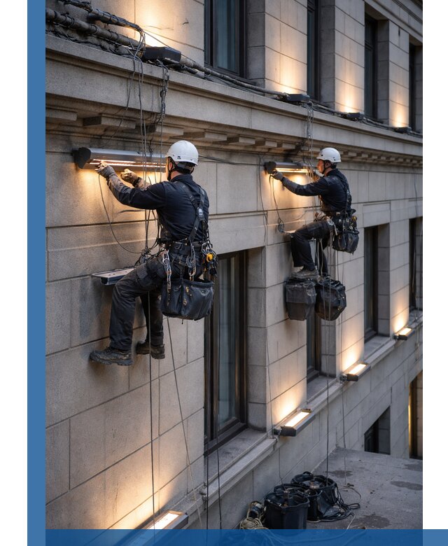 Монтаж архитектурной подсветки фасадов зданий в Мысках