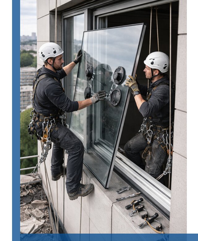 Замена стеклопакетов на высоте с промышленными альпинистами в Мысках