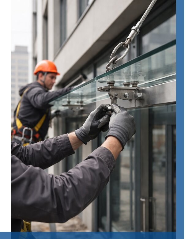 Монтаж стеклянных козырьков в Мысках от 8622 р. | ВЫСОТНИК-Мси