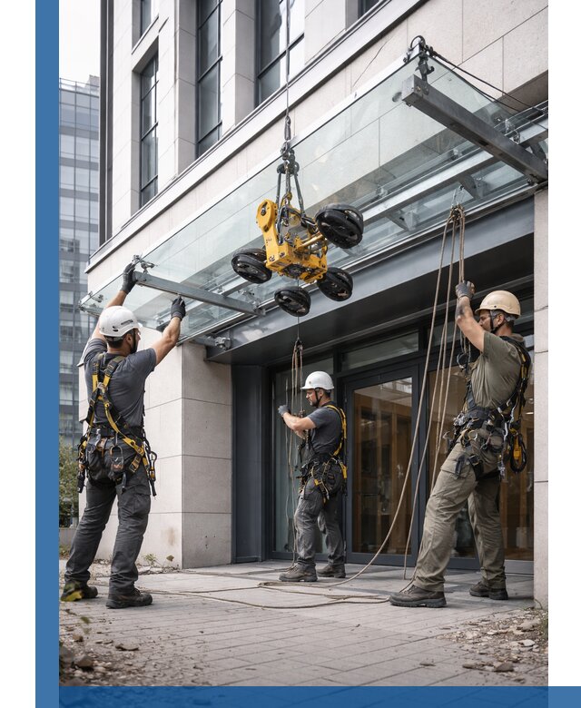 Монтаж стеклянных козырьков под ключ в Мысках для зданий