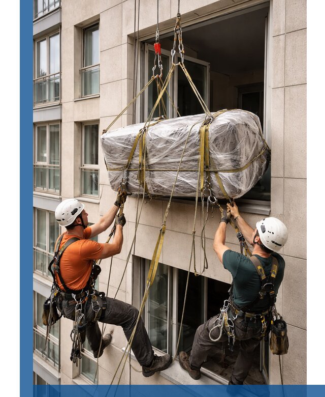 Подъем грузов через окно в Мысках промышленными альпинистами