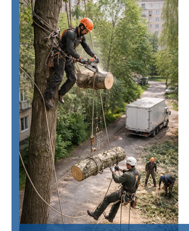 Спил деревьев альпинистами в Мысках, безопасно и без повреждений