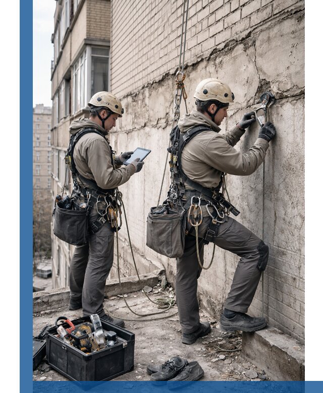 Обследование фасада промышленными альпинистами в Мысках